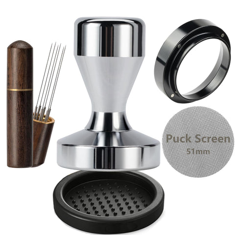 JOESTIKK 51mm espresso tamper showing ergonomic handle for steady tamping