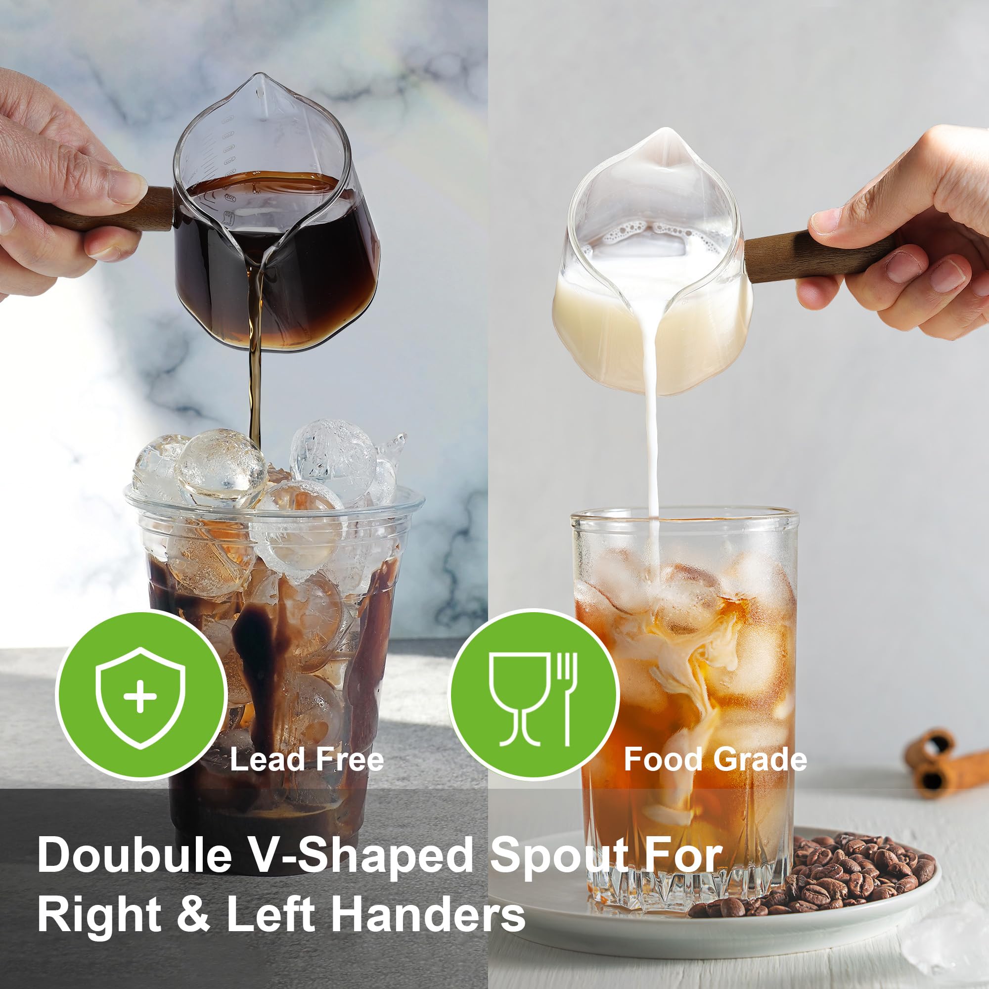 Joeyan borosilicate glass measuring cup resists temperature changes for hot or cold uses.