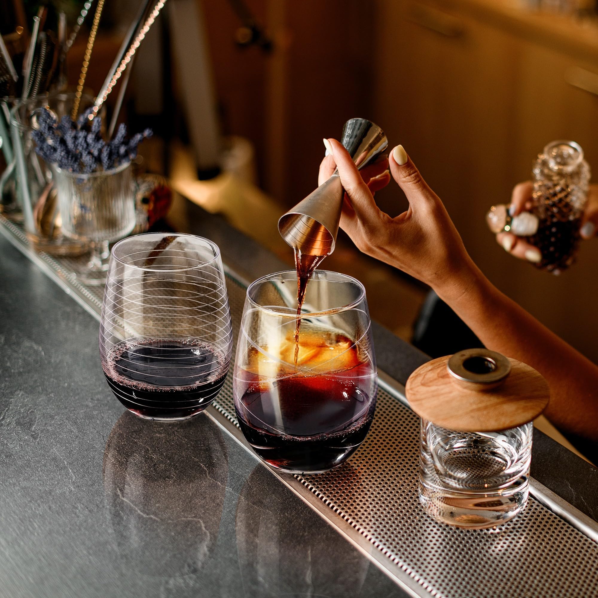 Joeyan clear mouth-blown wine glass highlighting clarity and shine.