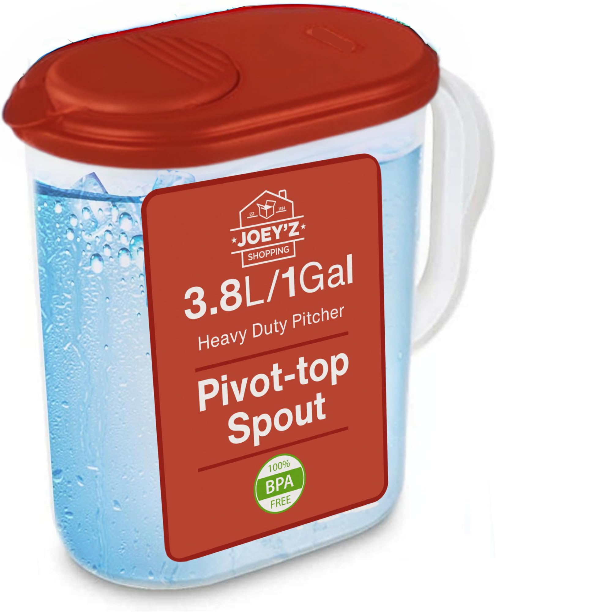 JOEY'Z 1-gallon pitcher with lid and pivot-top spout for mess-free pouring.