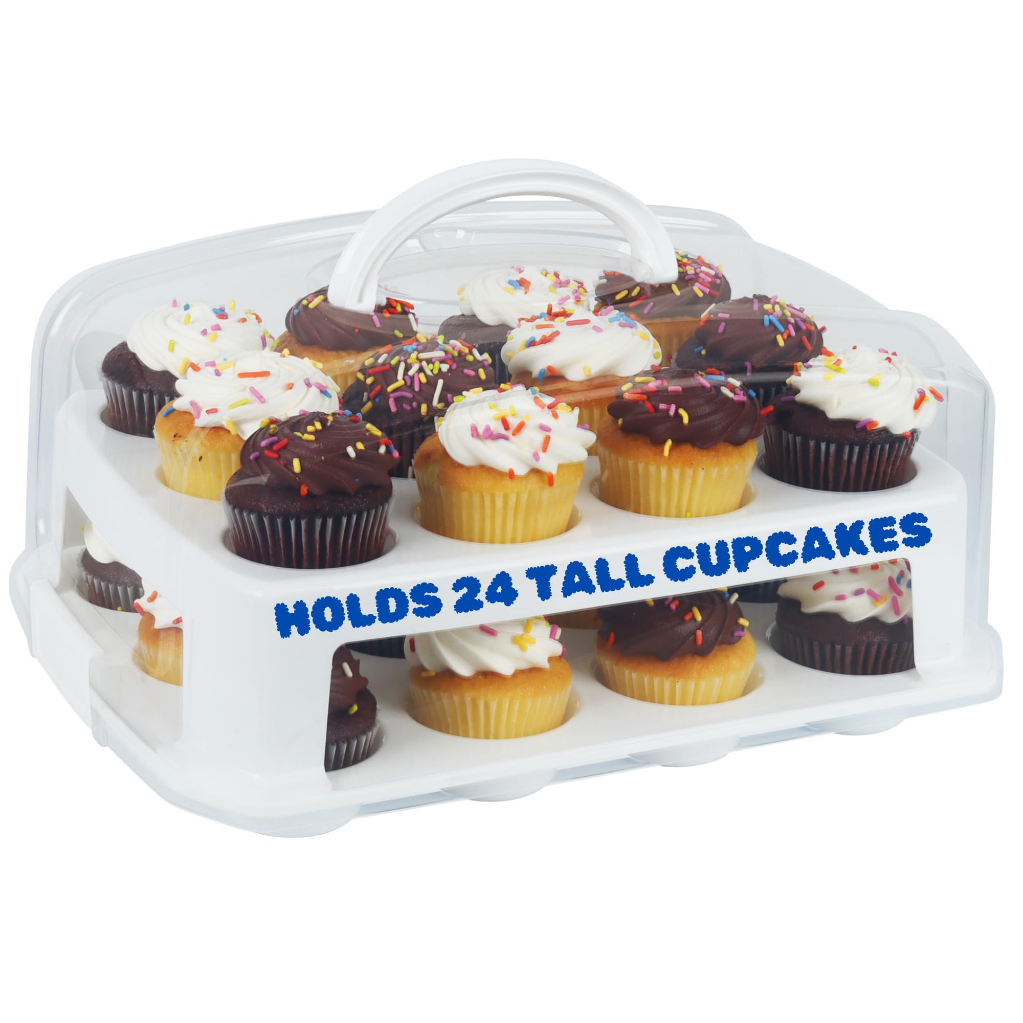 JOEY'Z extra tall cupcake carrier protects 24 cupcakes during transport.