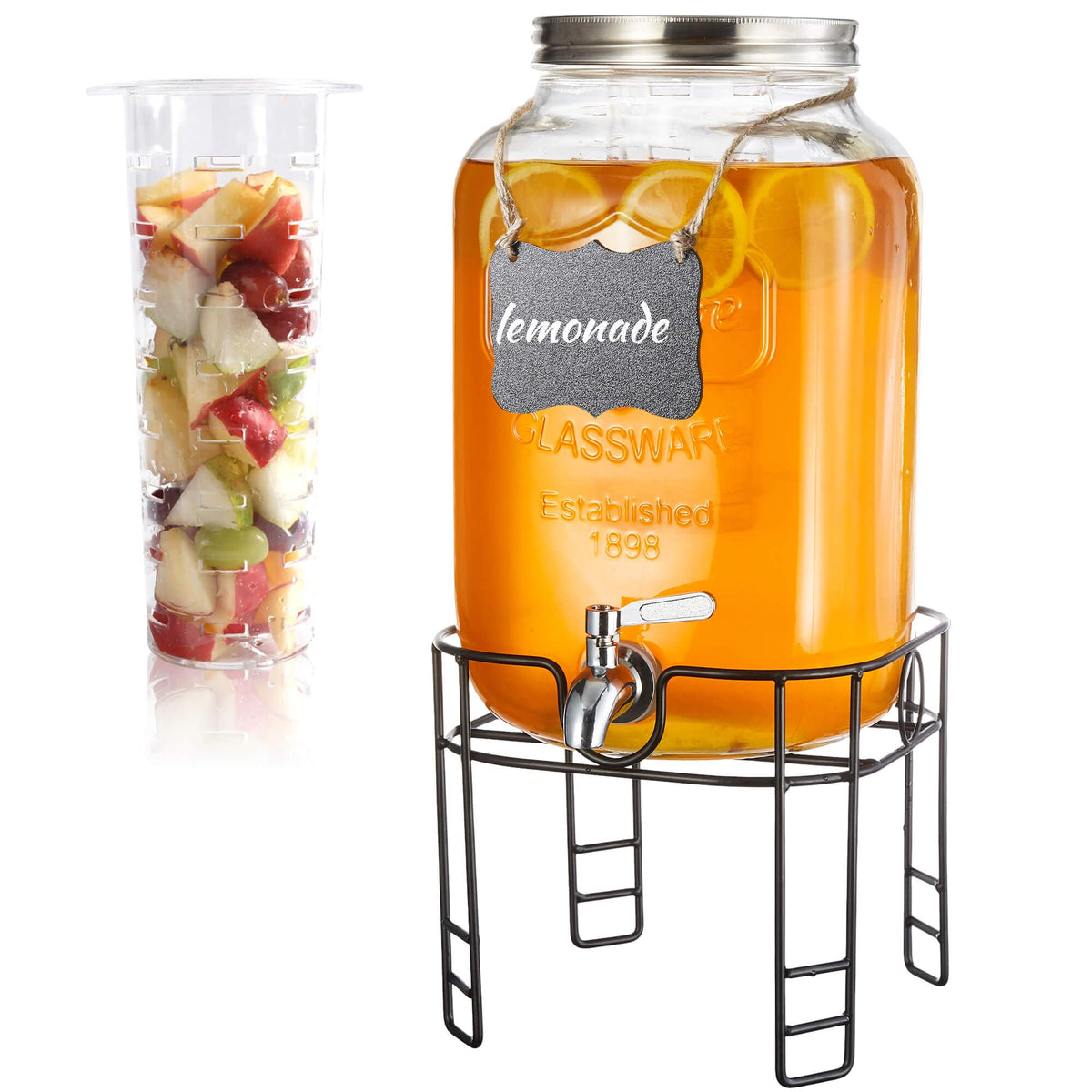JOFUYU 2-Gallon Glass Dispenser with Stand for elegant party beverage service.