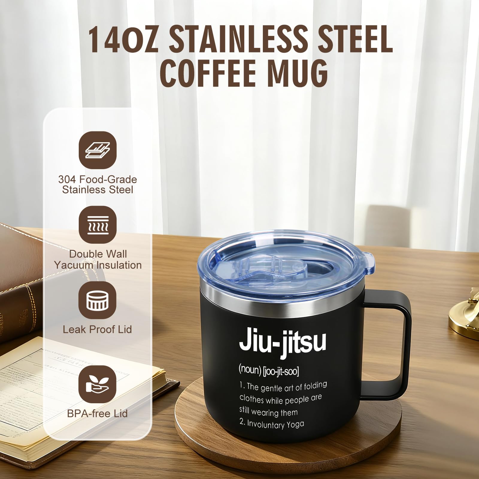 Jogskeor Jiu Jitsu Insulated Mug stainless steel construction for durability.