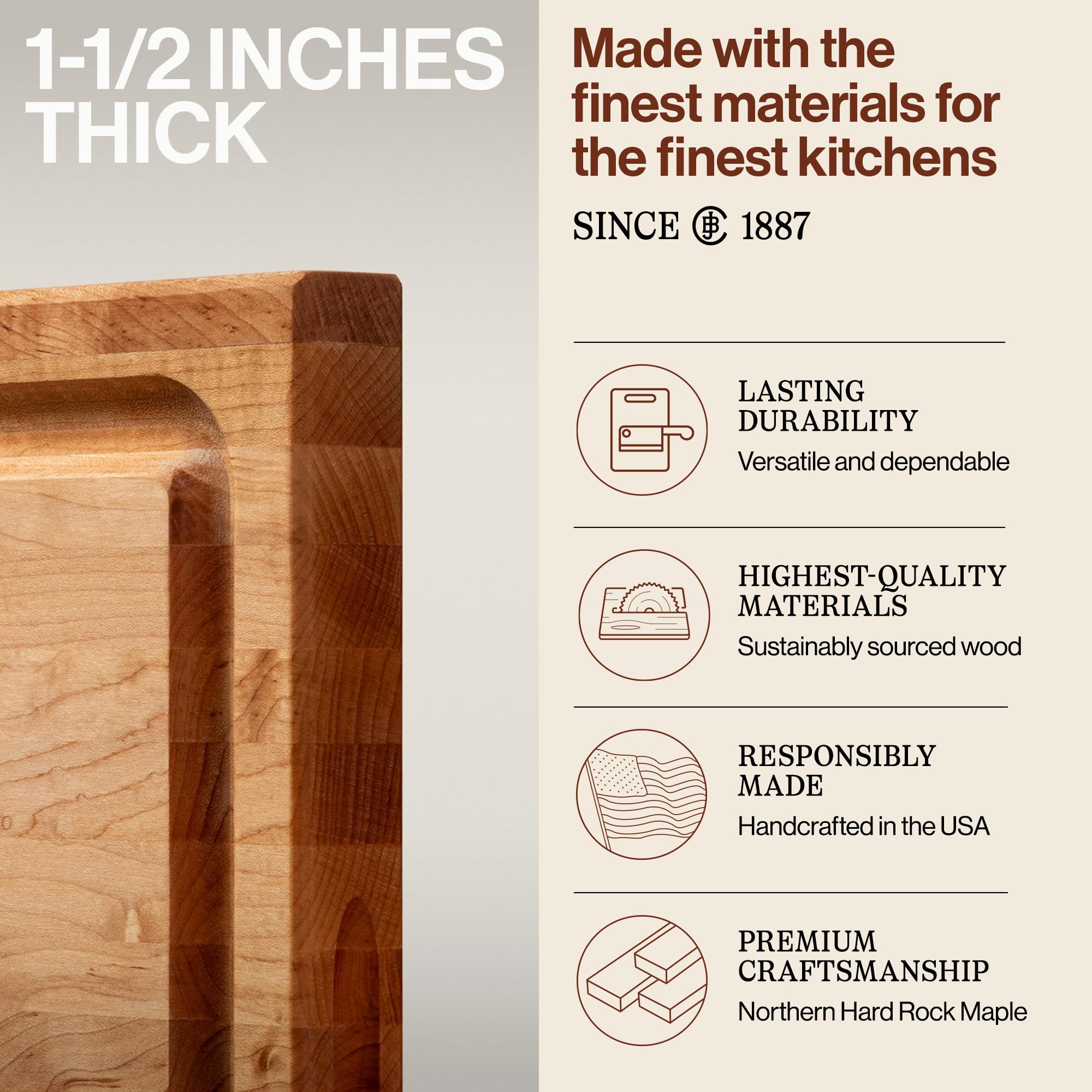 John Boos edge-grain maple cutting surface supports precise, gentle knife work.