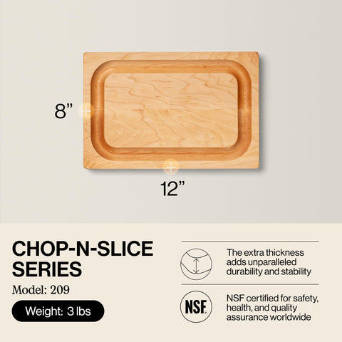 John Boos maple cutting board with juice groove helps catch liquids during prep.