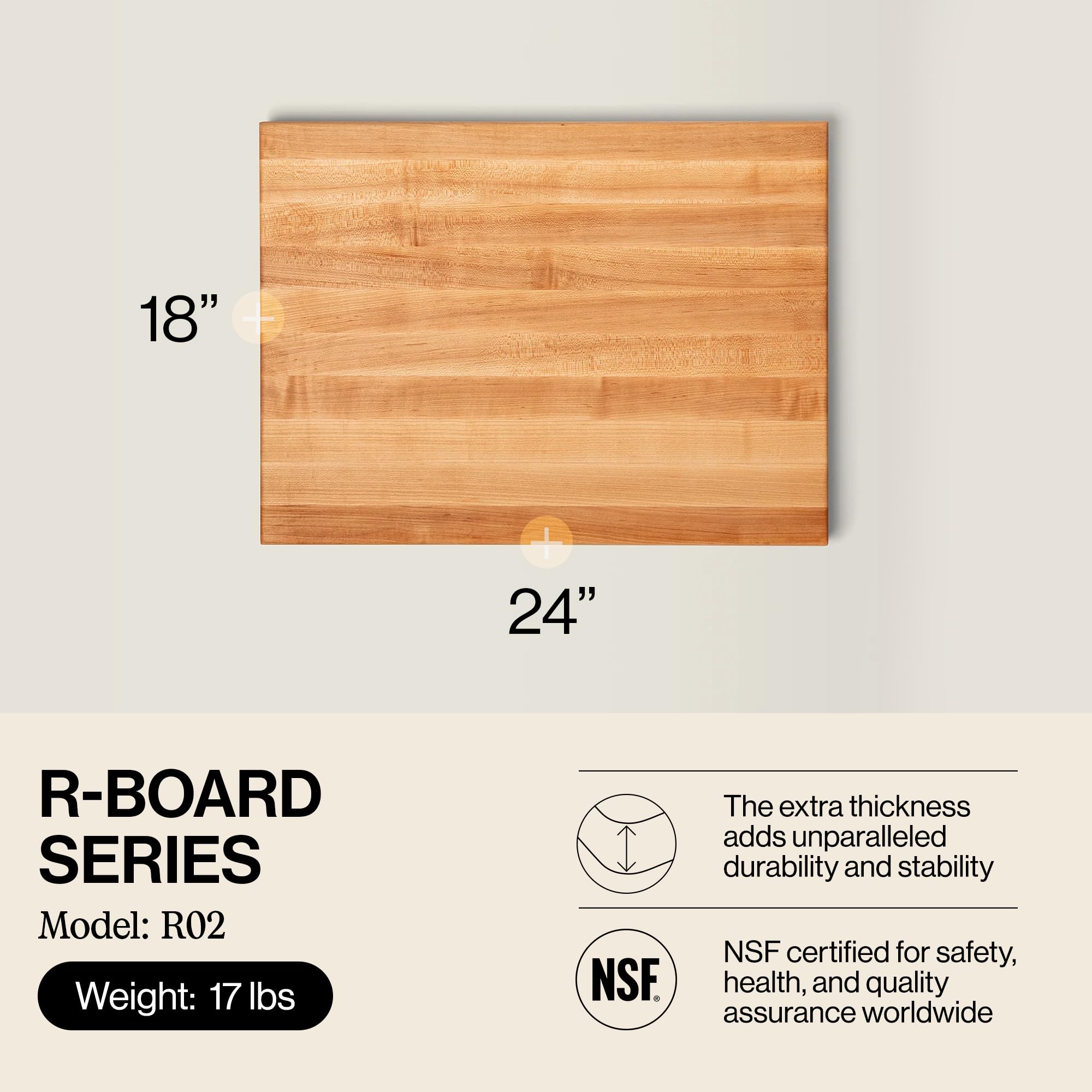 John Boos R-Board edge-grain construction enhances longevity and knife-friendly contact.