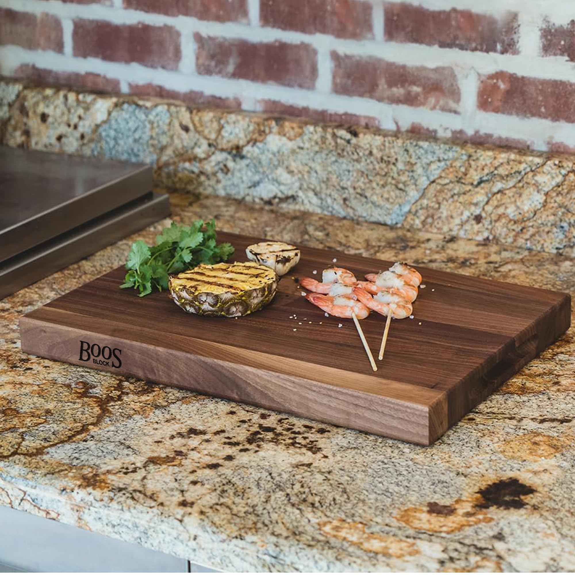 John Boos R-Board walnut charcuterie-ready surface for stylish serving.
