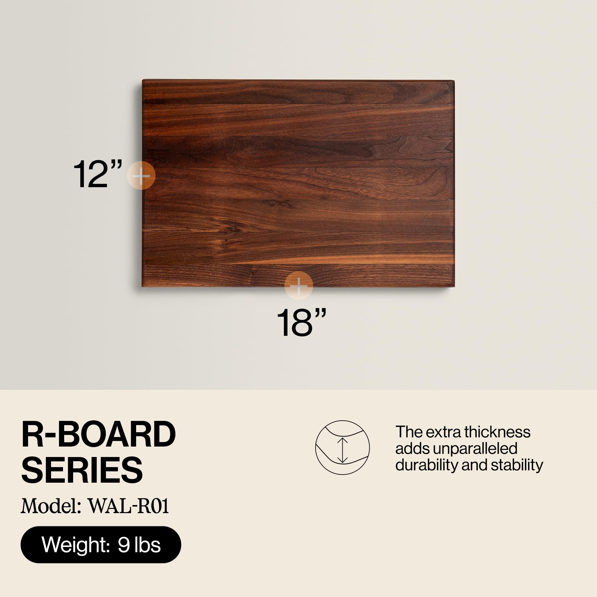 John Boos R-Board walnut edge-grain close-up showing sturdy knife-friendly surface.