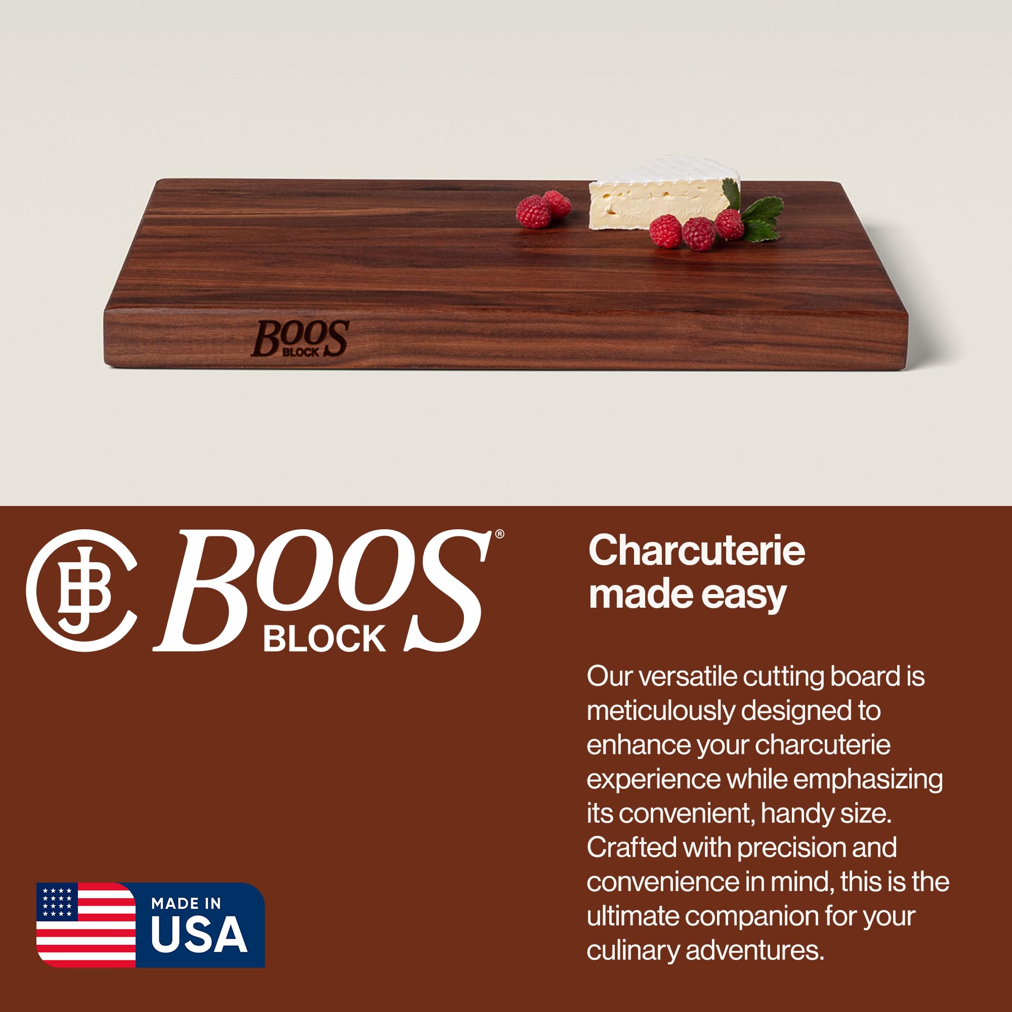 John Boos R-Board walnut with finger grips for secure handling.
