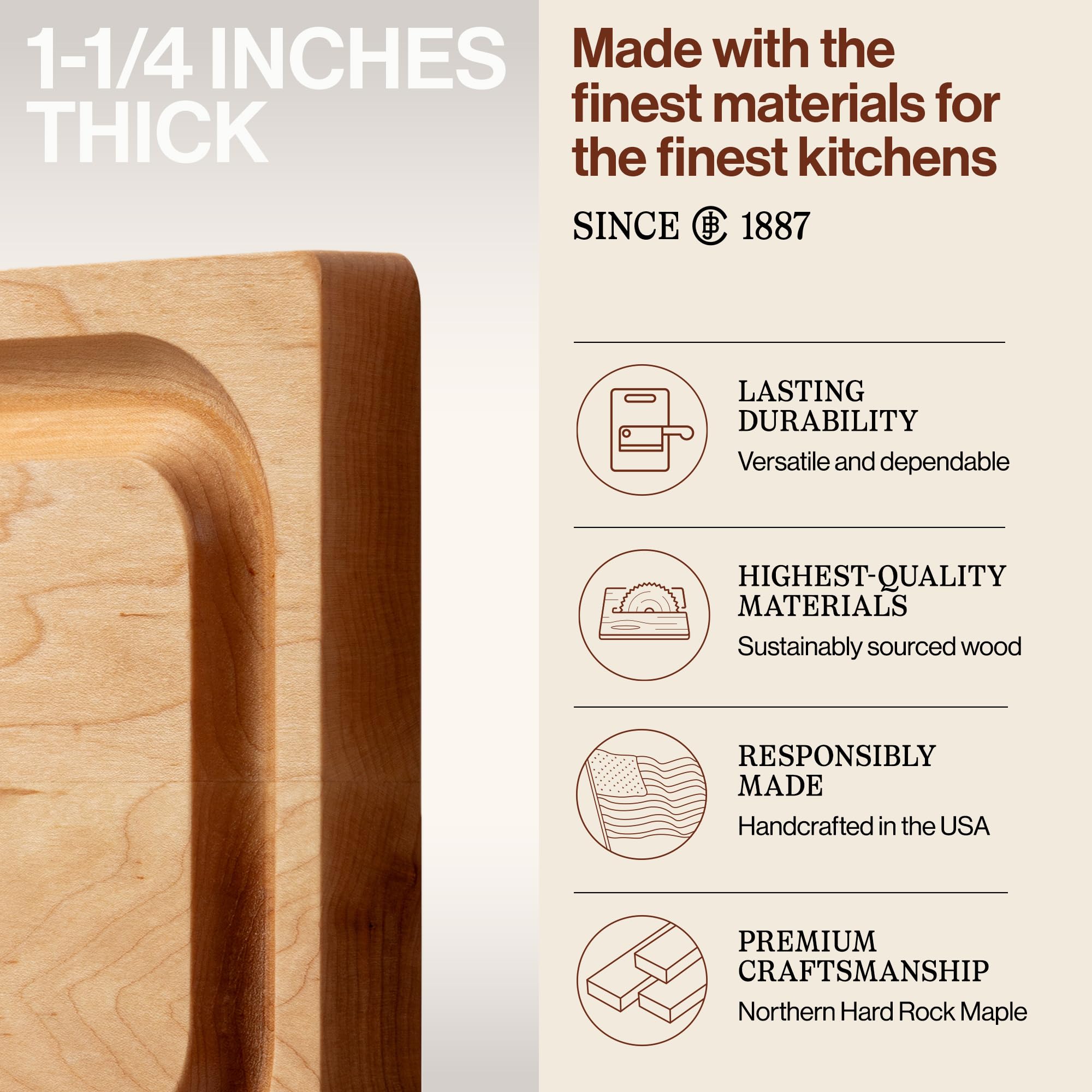 John Boos reversible cutting board offers two surfaces for prep and serving.