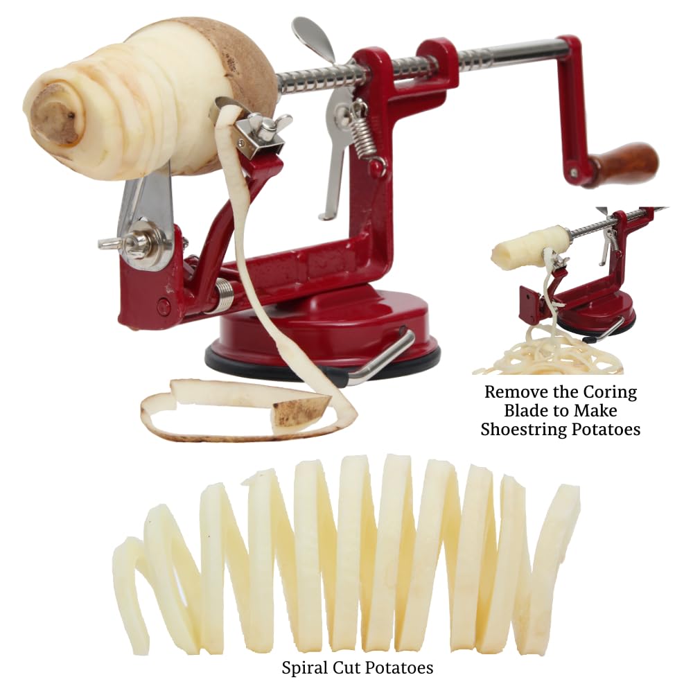 Rugged heavy-duty cast iron body supports steady peeling on Johnny Apple Peeler.