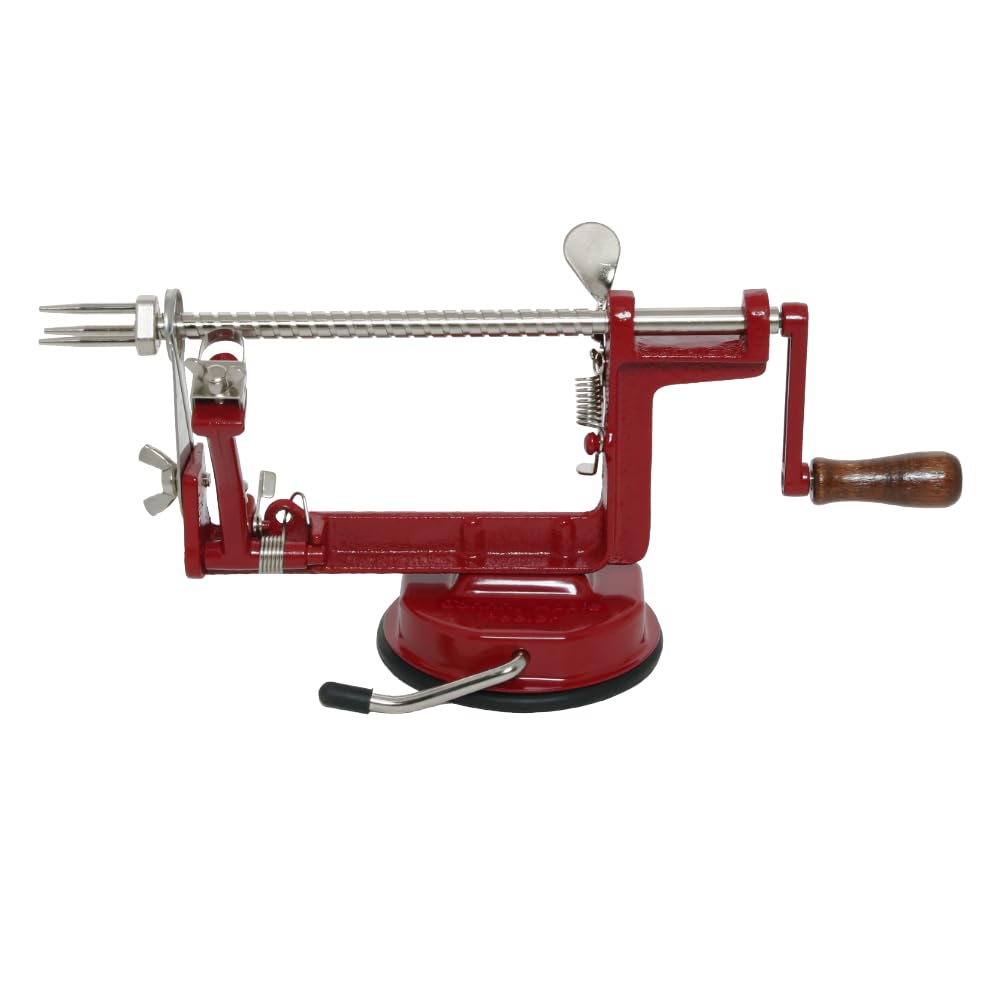 Johnny Apple Peeler peeling blade in action speeds pie prep.