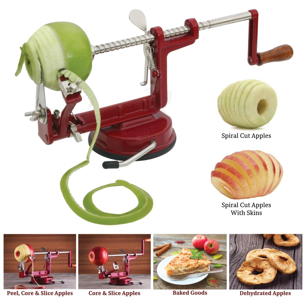 Stainless steel blades stay sharp on Johnny Apple Peeler for easy peeling.