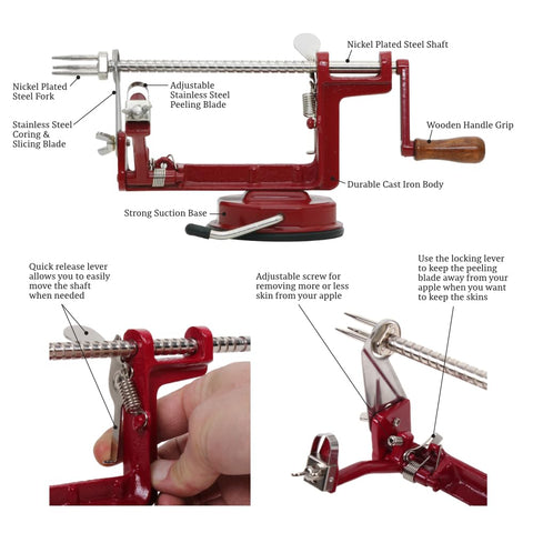 Johnny Apple Peeler strong suction base grips smooth work surfaces.