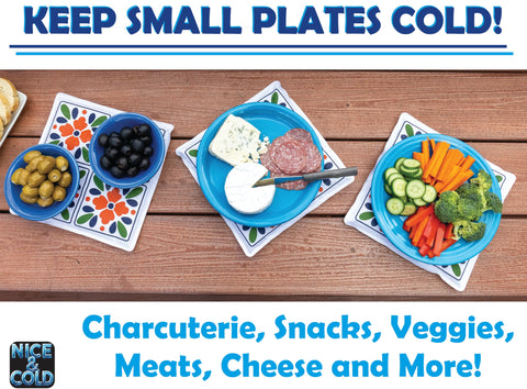 Johnny World decorative cooling mats beside charcuterie for elegant serving