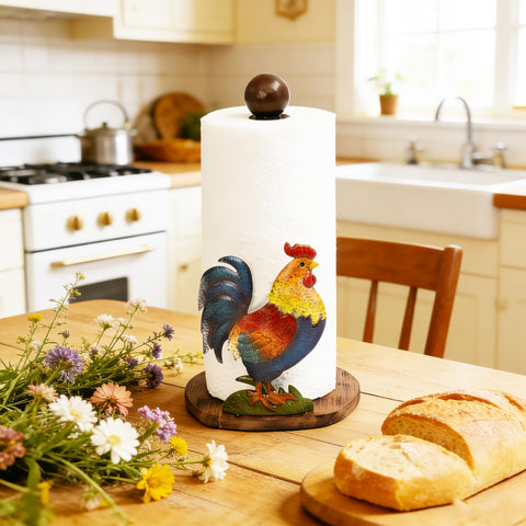 Johoxton rooster paper towel holder on counter with wooden base for warm, rustic ambiance.