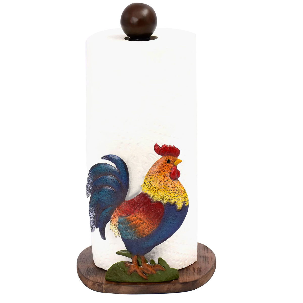 Johoxton rooster paper towel holder on countertop adds rustic kitchen charm and easy access.