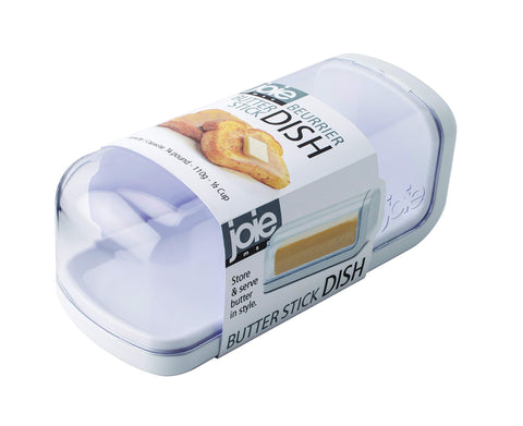 Joie butter dish with clear lid keeps a 1/4-pound stick fresh for fridge-to-table use.