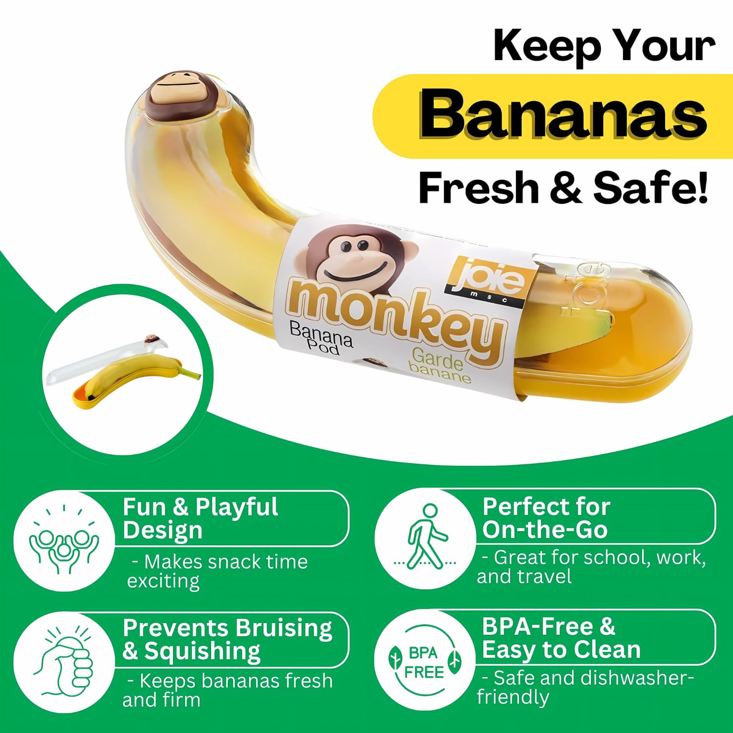 Joie Monkey Banana Pod BPA free for safe snacking.