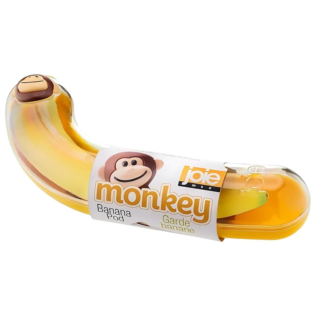 Joie Monkey Banana Pod container in hand shows portable lunch solution.