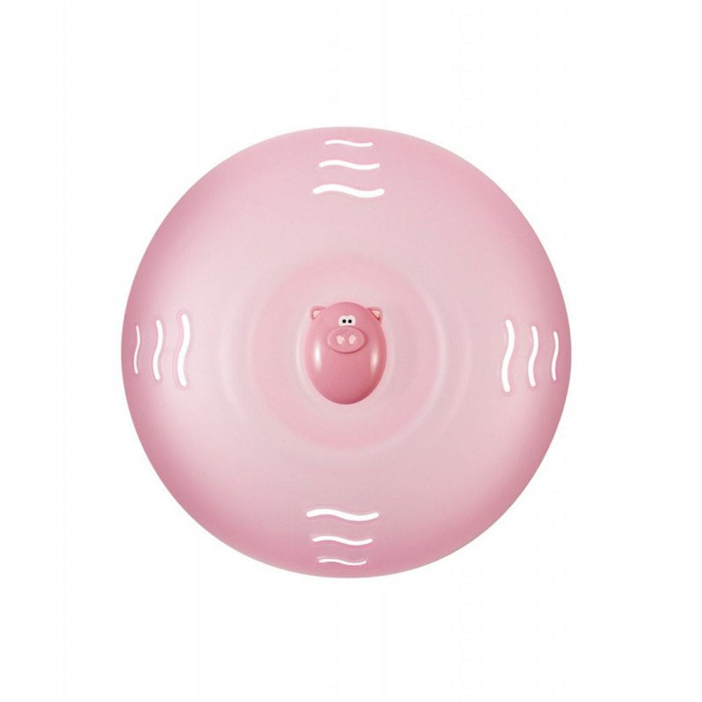 Joie Oink Pig pink cover shown from side view, keeps microwave clean