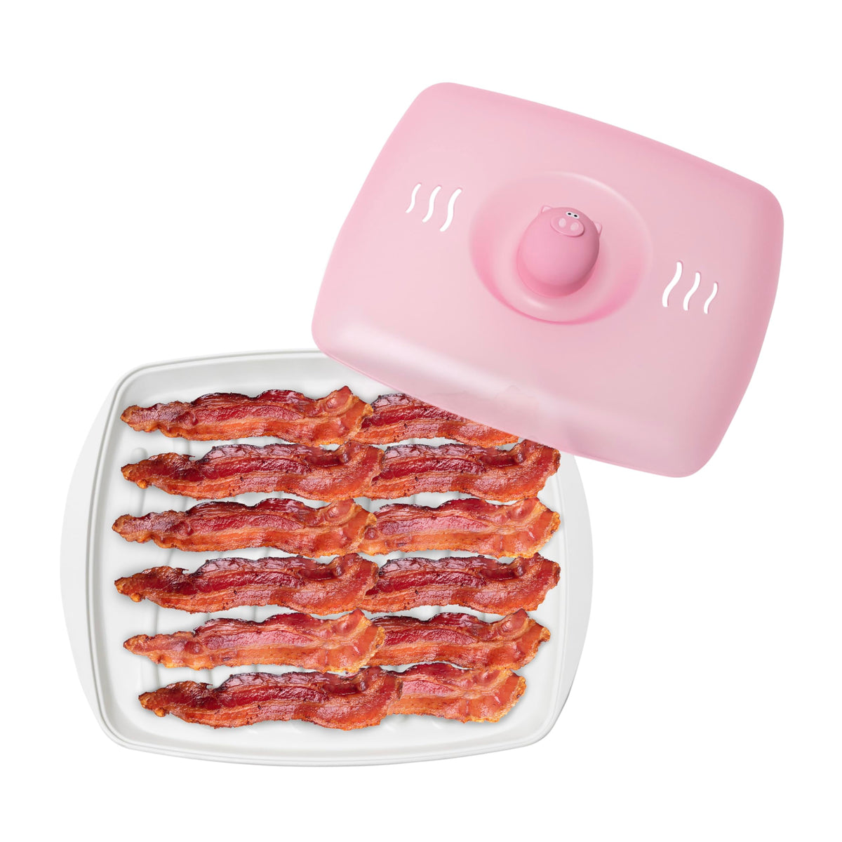 Joie Piggy microwave bacon tray with splatter lid for mess-free cooking.