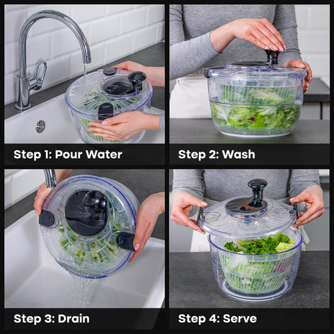 Joined large salad spinner base provides stability with non-slip feet.