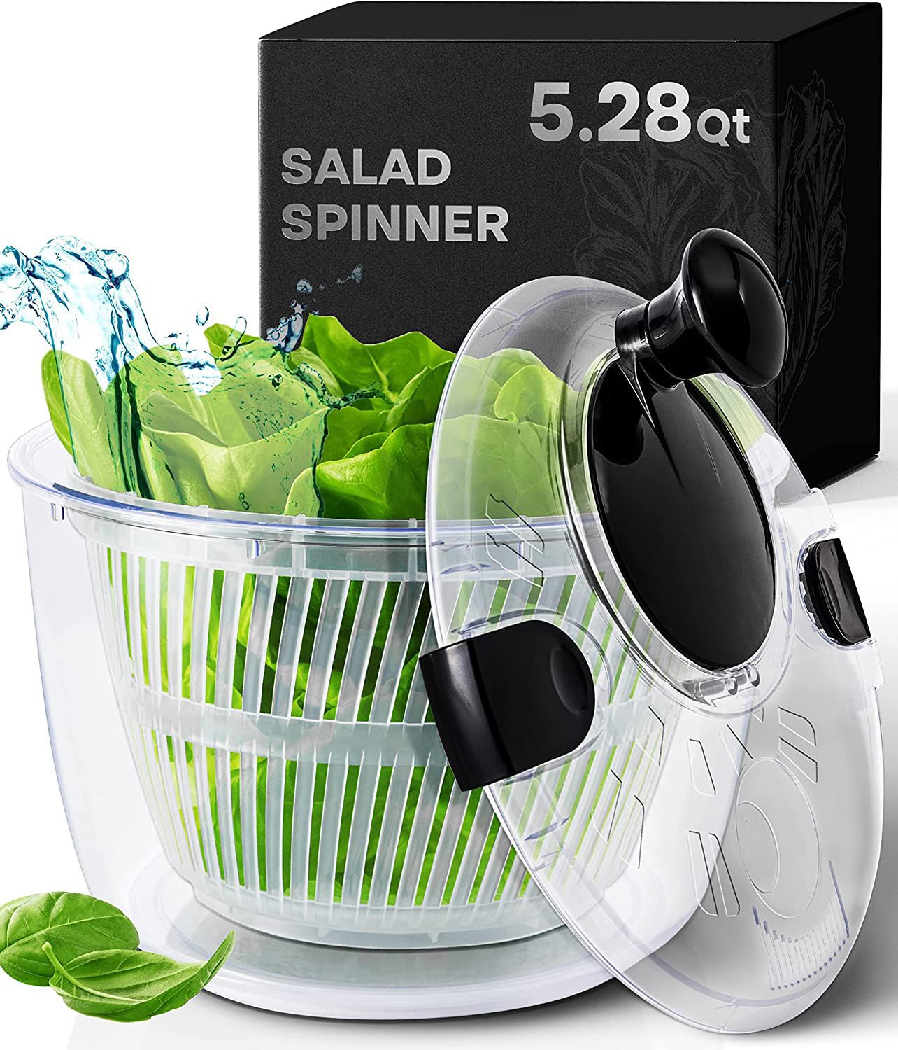 Joined large salad spinner bowl enables quick washing and drying greens.