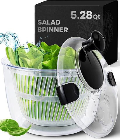 Joined large salad spinner bowl enables quick washing and drying greens.