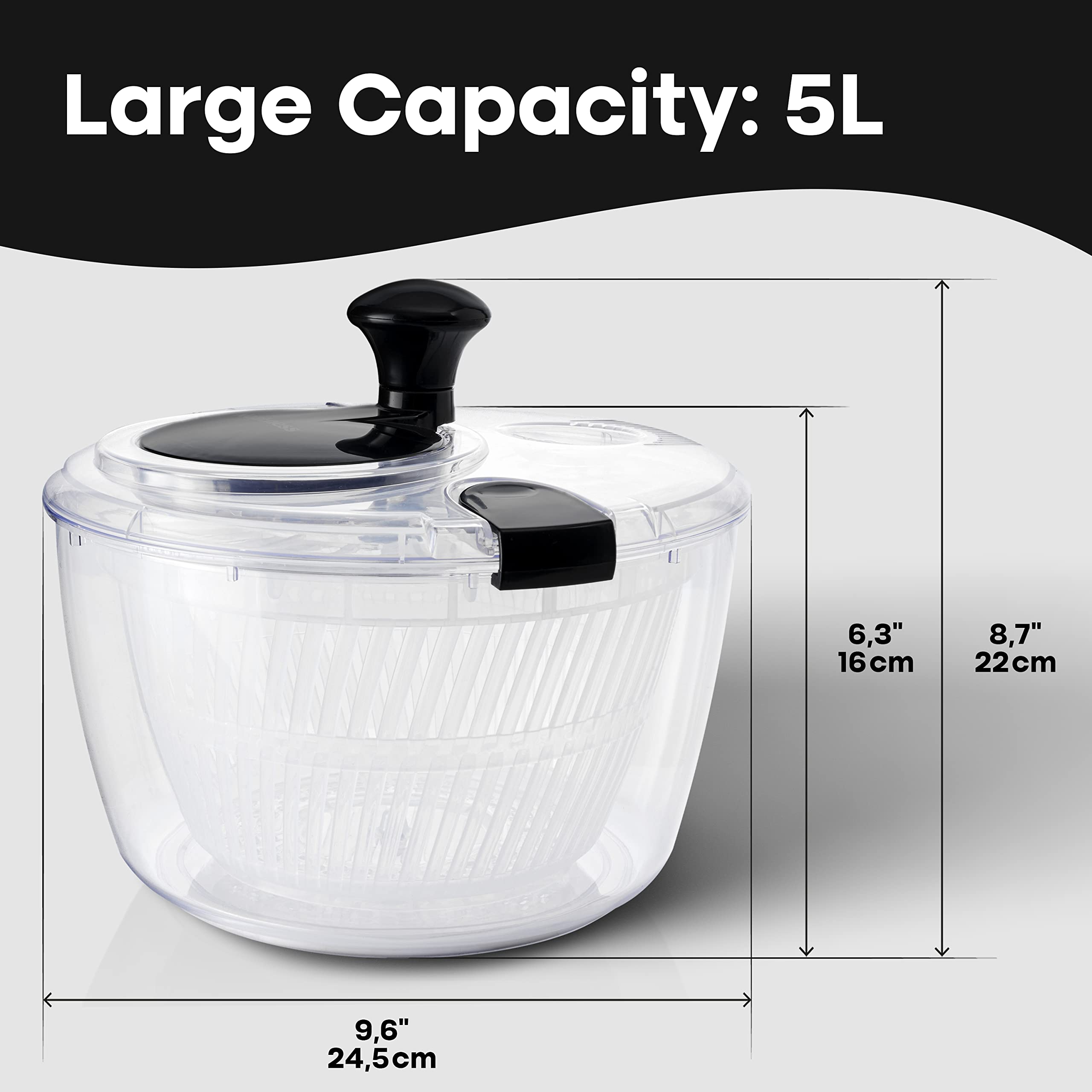 Joined large salad spinner drain system lets you rinse without removing the lid.