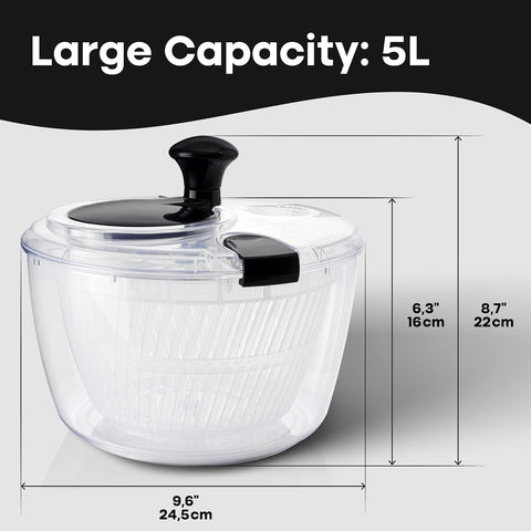 Joined large salad spinner drain system lets you rinse without removing the lid.