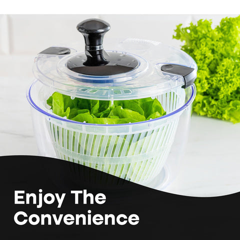 Joined large salad spinner clamps secure the lid, minimizing splashes.