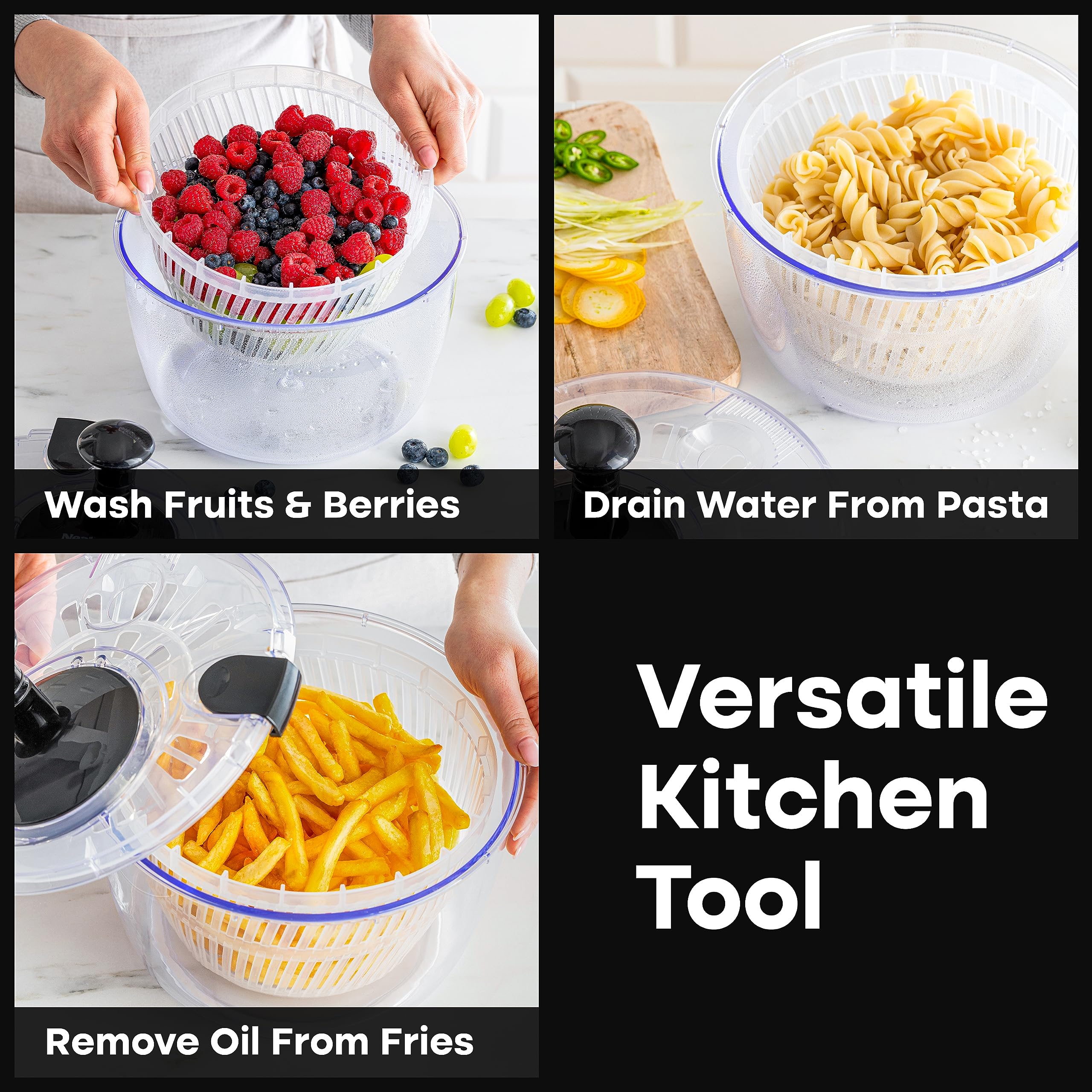 Joined large salad spinner multi-use design dries fruit, pasta, and fries.