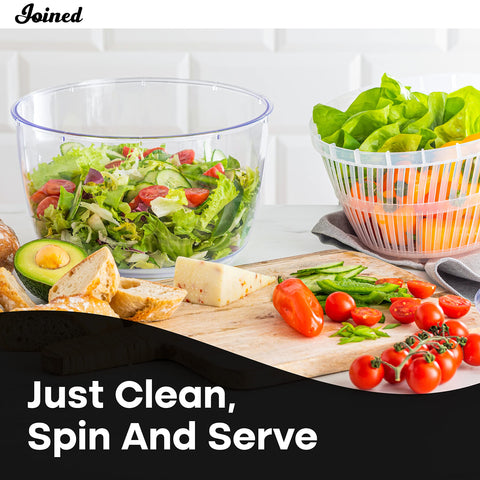 Joined Salad Spinner 3-in-1 design saves space by combining bowl, basket, and lid.