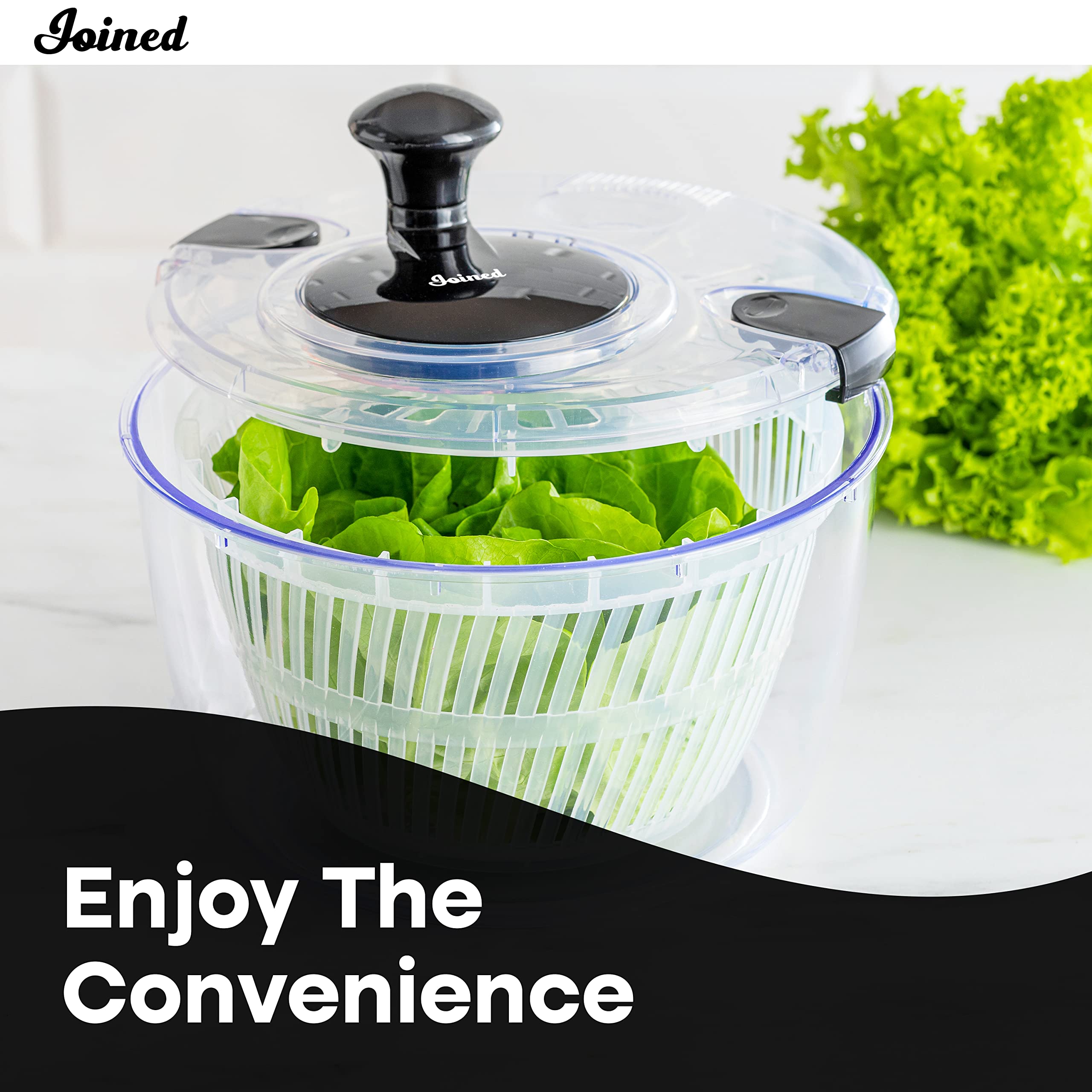 Joined Salad Spinner locking clamps help prevent splashes during operation.