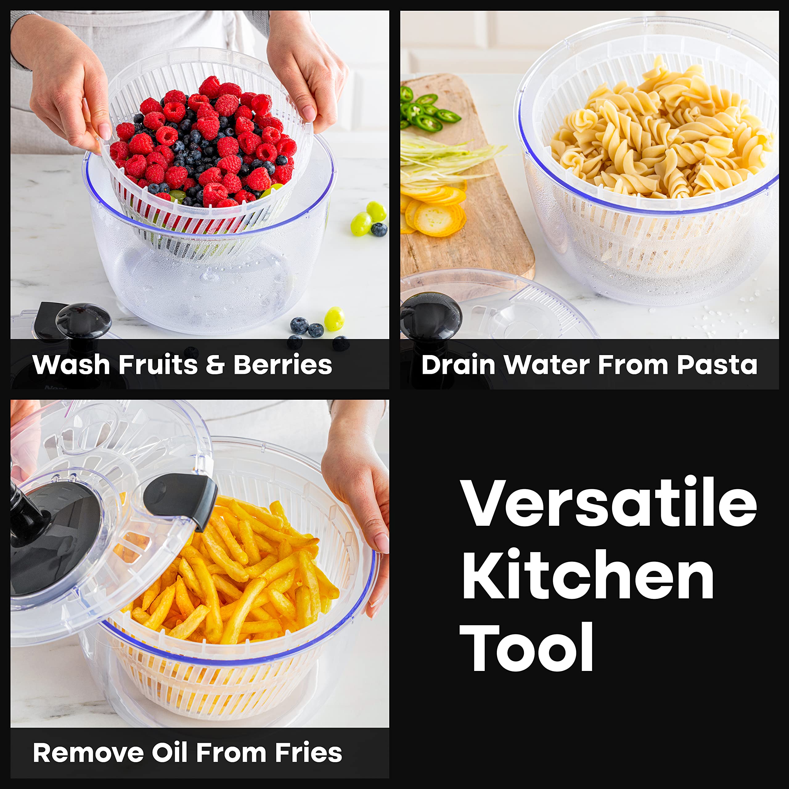 Joined Salad Spinner versatile kitchen tool for washing greens, drying fruit, and more.