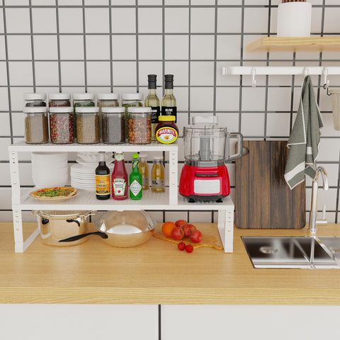 Jojocross stackable spice shelf shows two-tier organization inside a cabinet