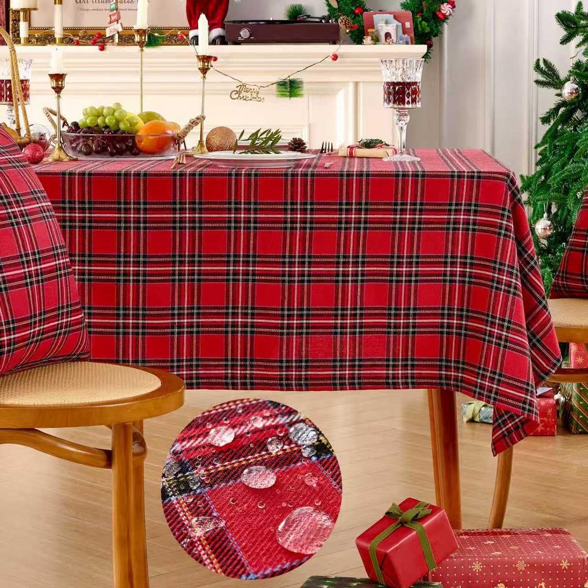 JOJOGOGO Christmas Red Tartan tablecloth full table setup for festive dining