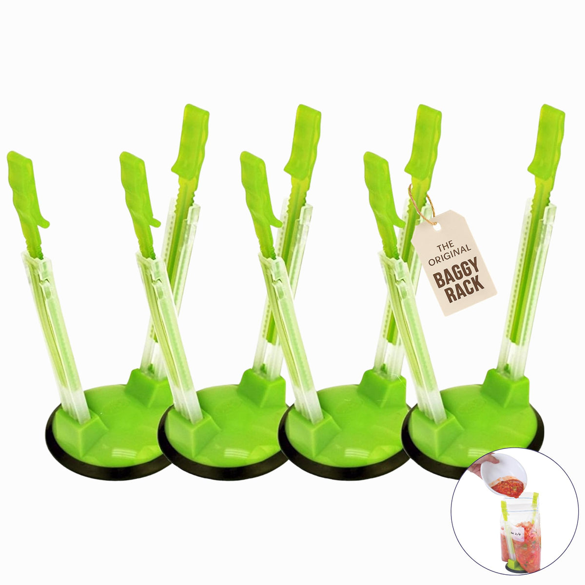 Jokari adjustable baggy rack stand front view enables spill-free pouring for all bag sizes