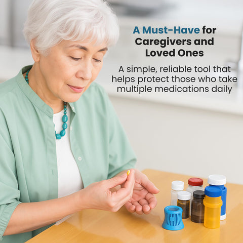 Jokari compact storage design keeps the opener ready beside meds.