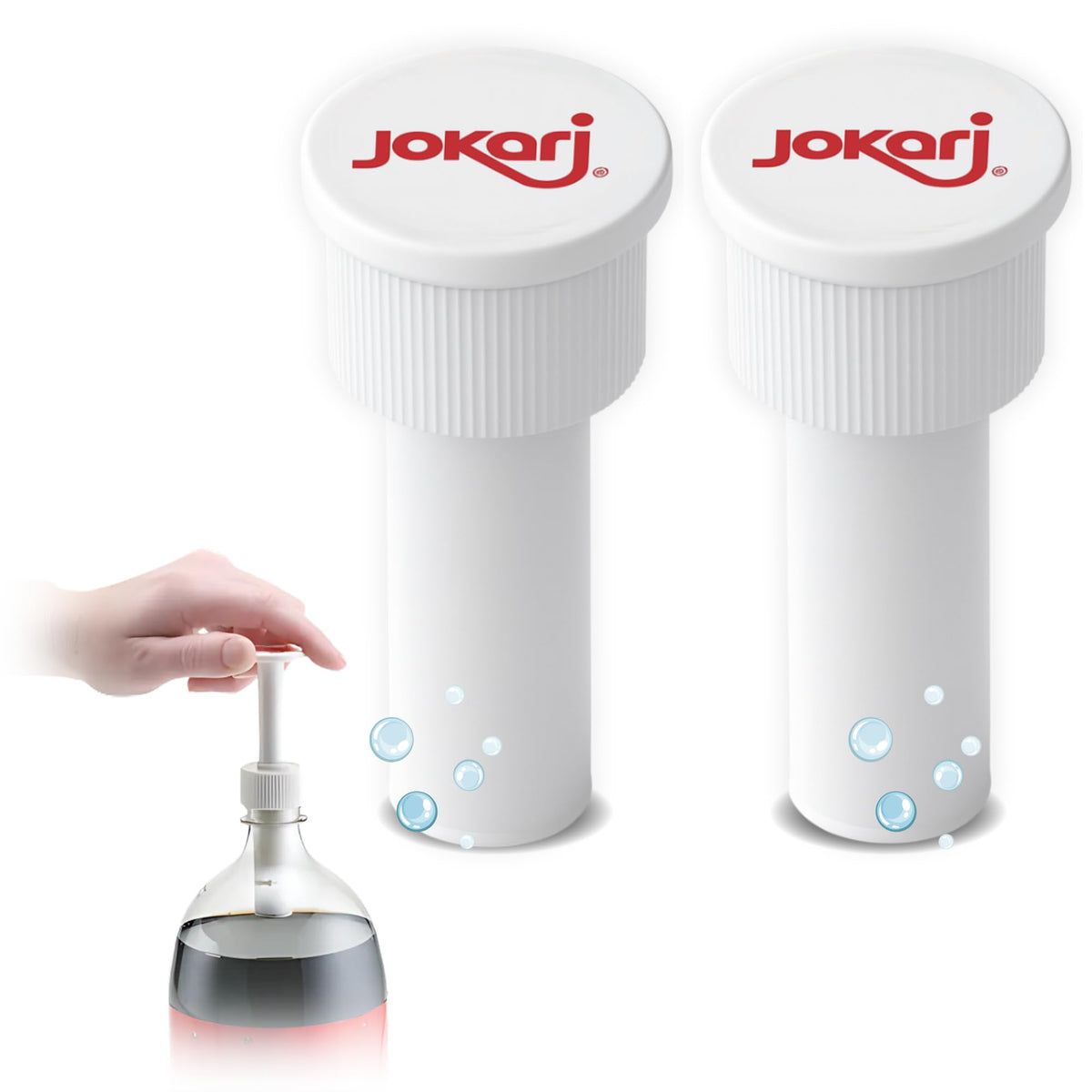 Jokari Fizz Keeper Pump Cap mounted on a 2 L bottle showing restored fizz and pour