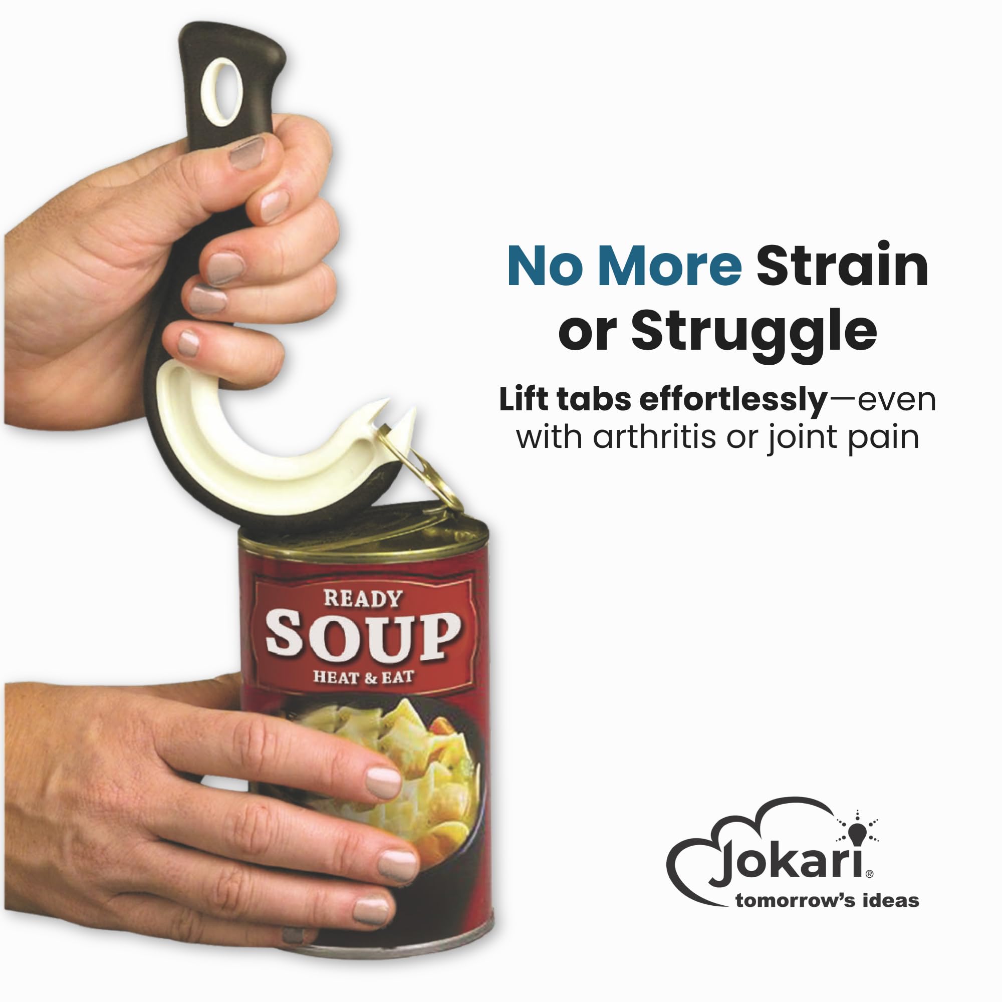 Jokari non-slip rubber grip handle offers secure control during opening.