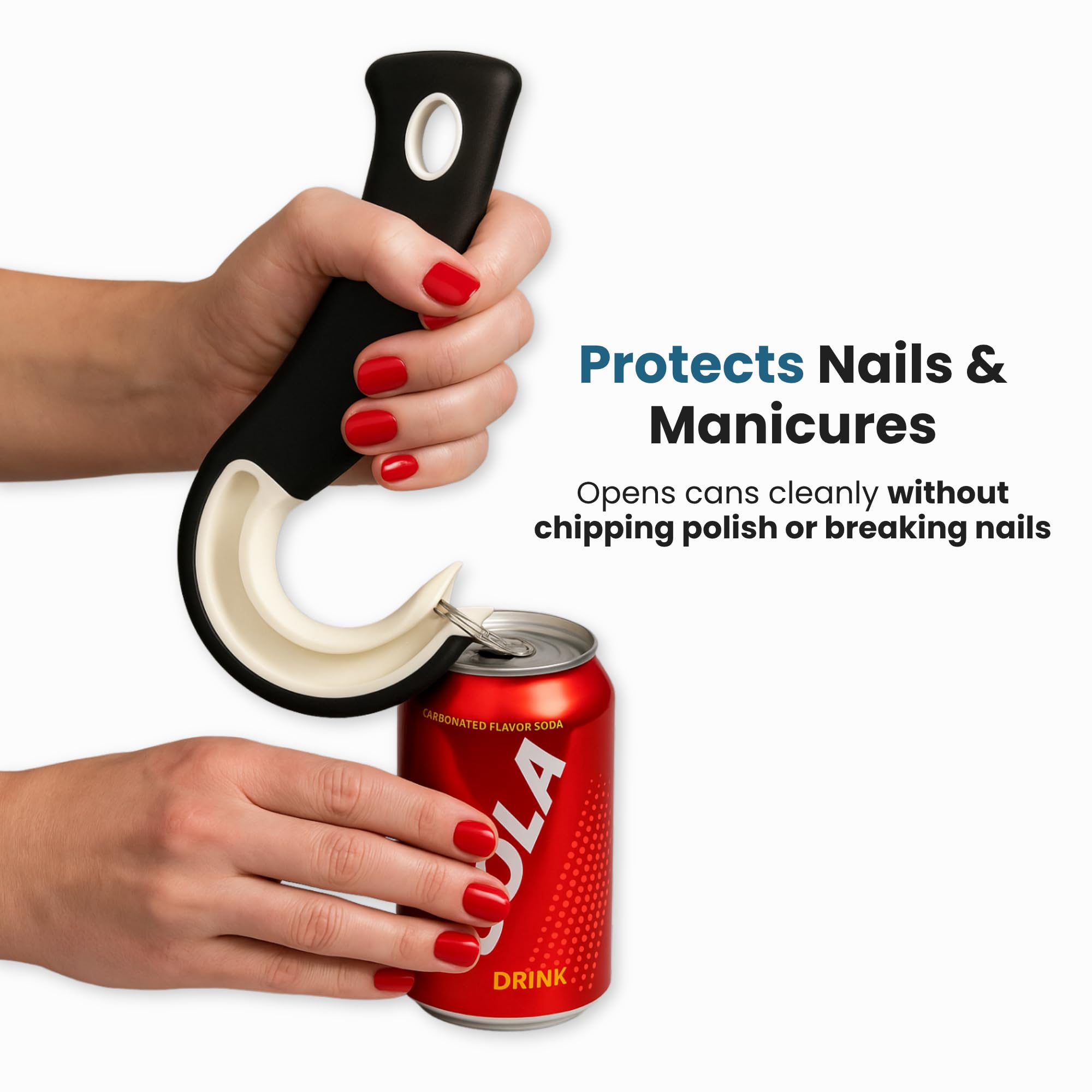 Jokari opens aluminum can tabs quickly without pinching fingers.