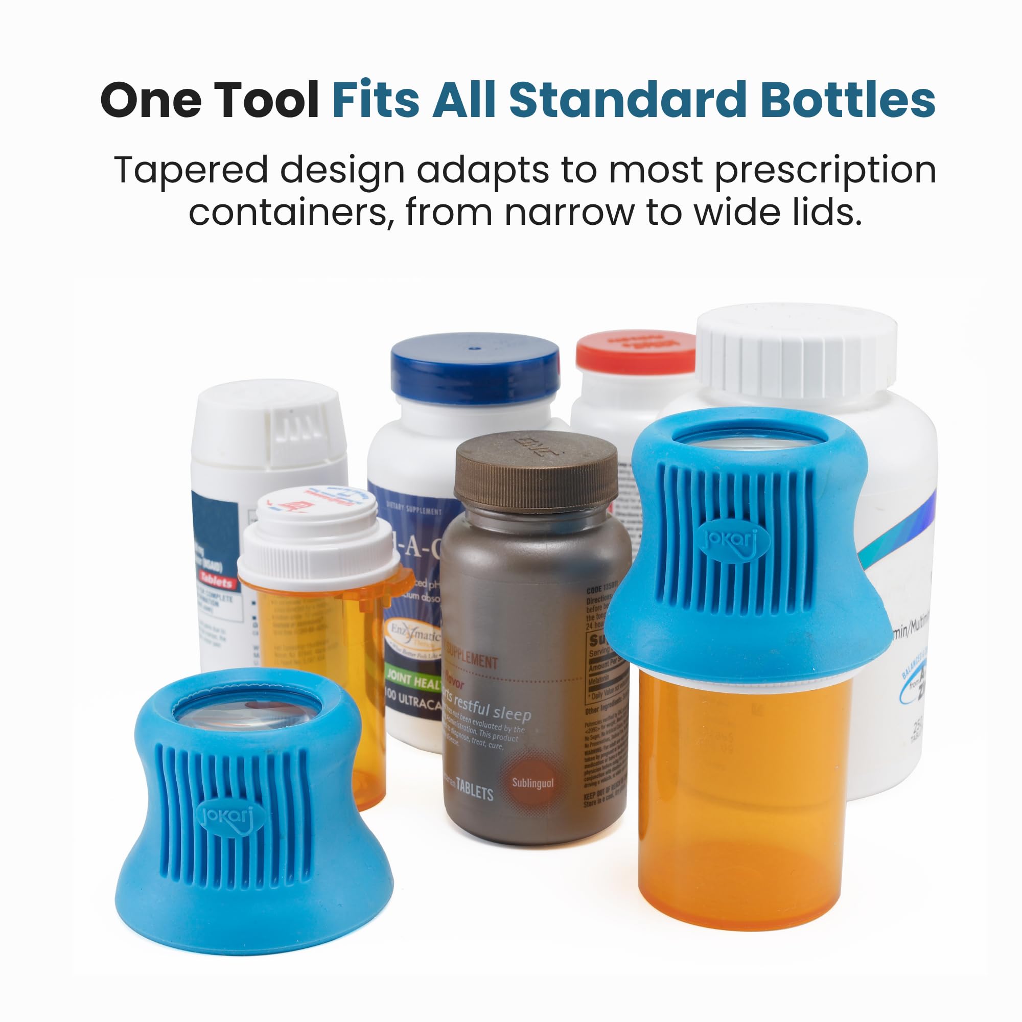 Jokari universal-fit bottle works with most standard pharmacy containers.