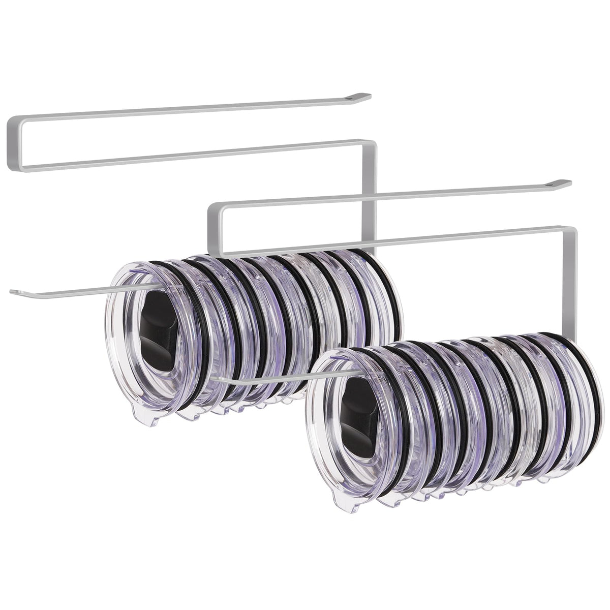 Jolensoy tumbler lid organizer holds up to 20 lids under a cabinet.