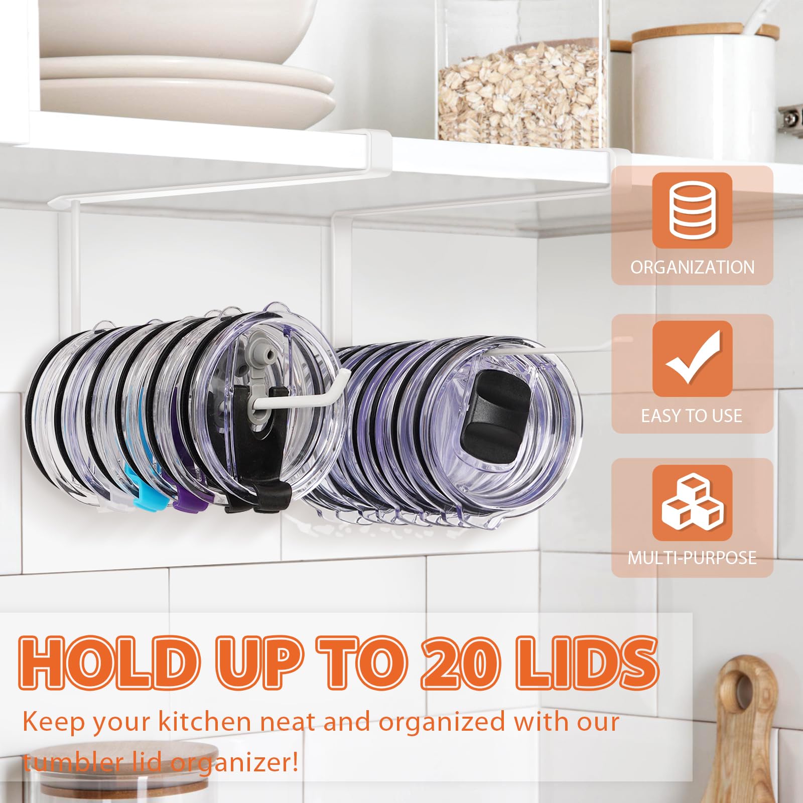 Jolensoy tumbler lid organizer flat under cabinet keeps flat lids tidy.