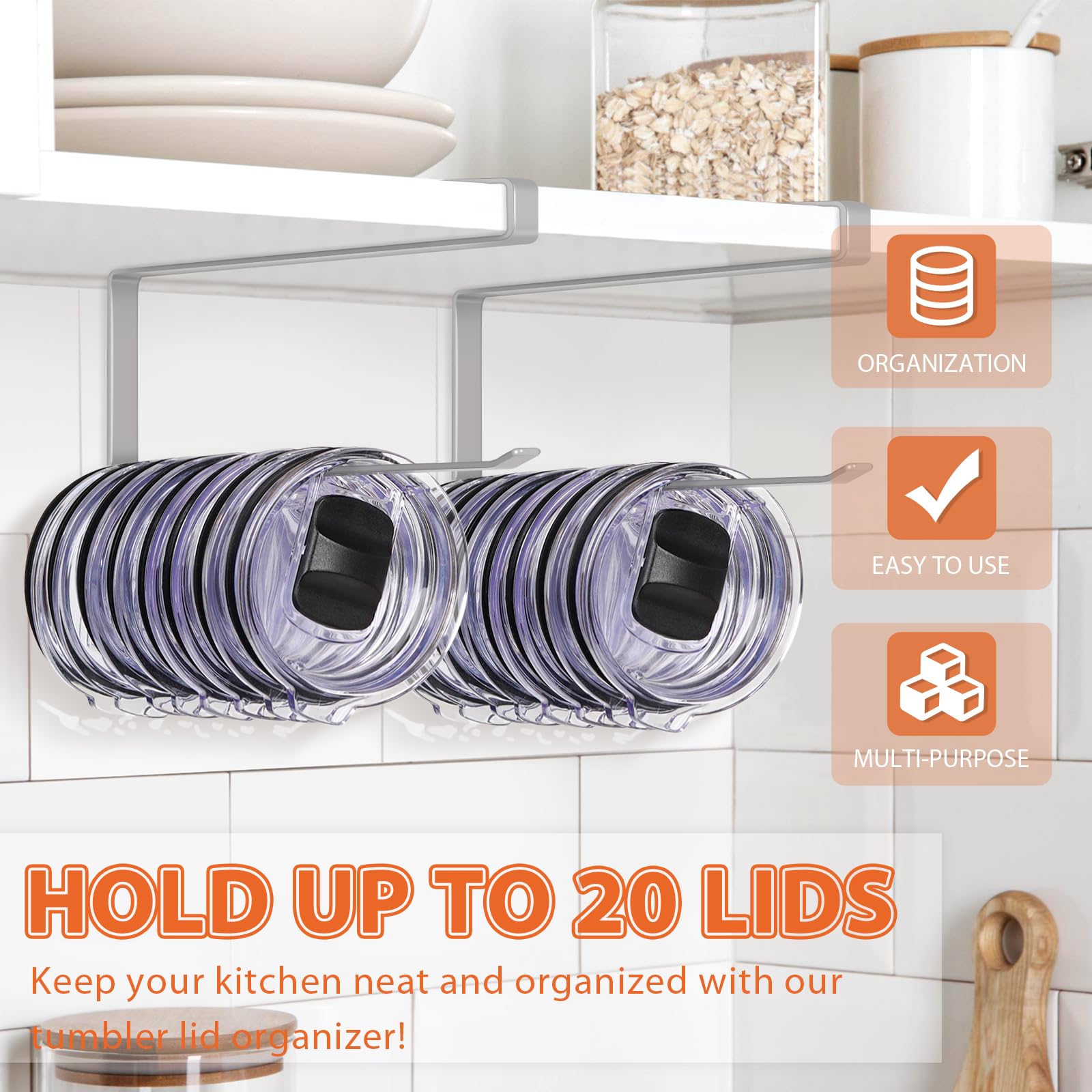 Jolensoy under-cabinet lid holder installed under a cabinet shelf.
