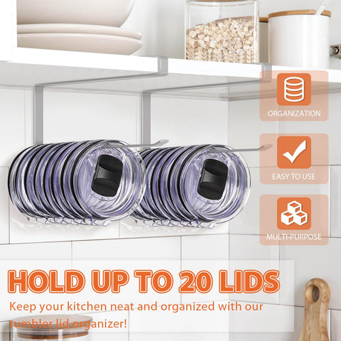 Jolensoy under-cabinet lid holder installed under a cabinet shelf.