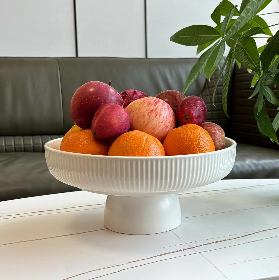 JolieJulie ceramic fruit bowl on pedestal with white glaze, ideal counter décor.