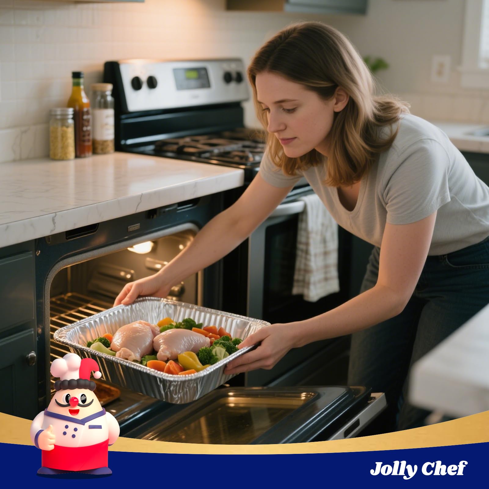 JOLLY CHEF easy-cleanup disposable pan saves time after meals.